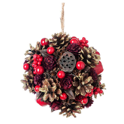 Türkranz - Dekokugel rund mit Zapfen, Beeren, Äpfel und Goldglitzer ø 15 cm H26K
