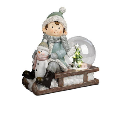 Nostalgische Winterkinder auf Schlitten mit LED Beleuchtung