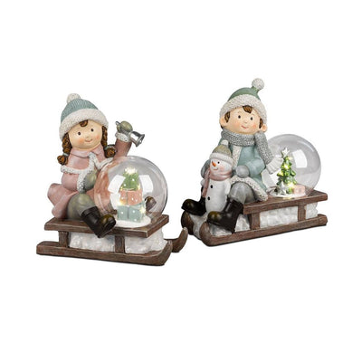 Nostalgische Winterkinder auf Schlitten mit LED Beleuchtung