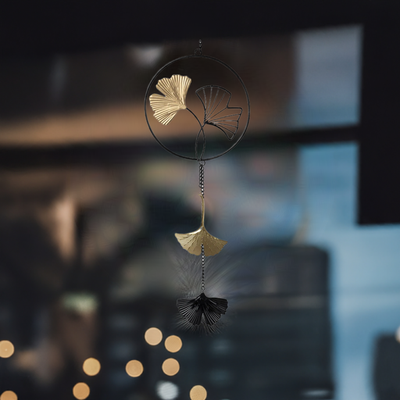 Deko Hänger Ginkgo Blatt Metall - Schwarz/Gold (40cm)
